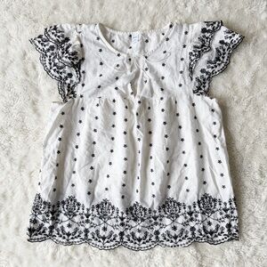 Old Navy Woma White Linen Blend Eyelet Embroidery Babydoll Popover Blouse MEDIUM